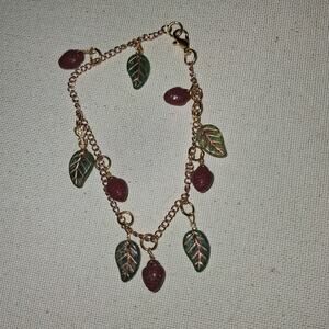 Adorable handmade Strawberry Pendant Bracelet Gold Chain Leaf And Fruit charms